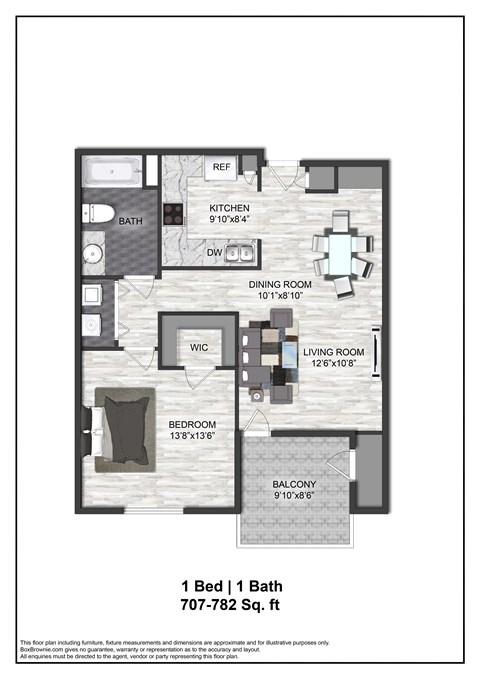 Floor plan for 1 bed, 1 bath, 782 sqft